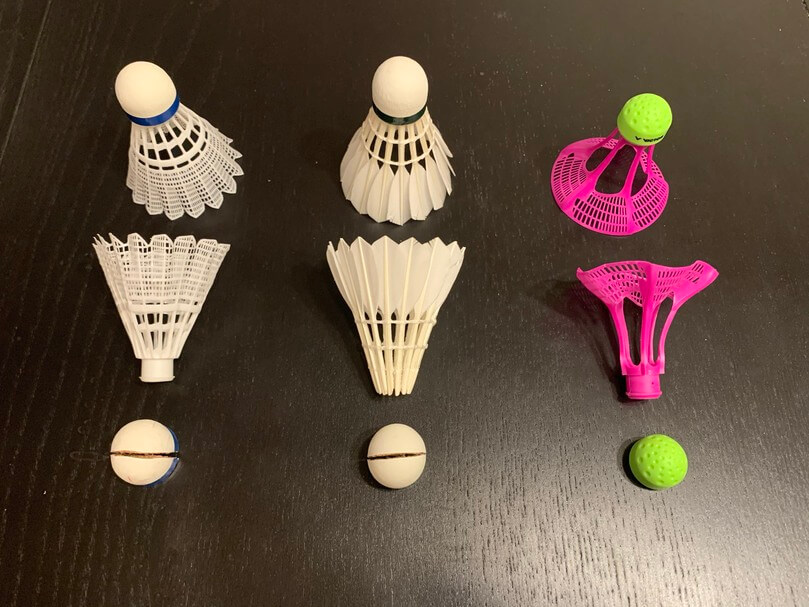 Deconstructed Synthetic Shuttlecock, Feathered Shuttlecock, and AirShuttle Top View