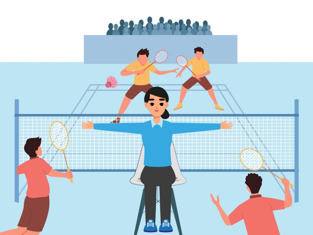A line judge signals OUT